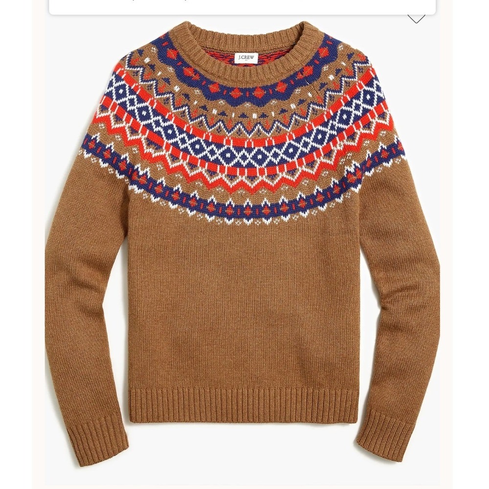 J Crew Womens Brown Fair Isle Sweater Size M Yoke Cotton Crewneck Preppy Knit